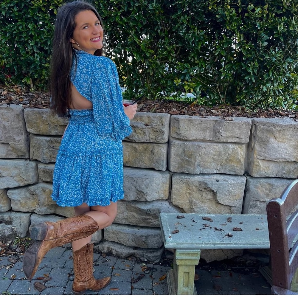 Shein Blue Floral Long Sleeve Open Back Dress